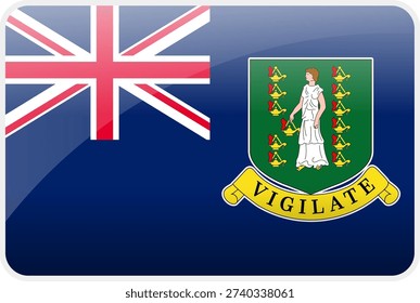High-quality 3D glossy icon of the British Virgin Islands flag. Rounded rectangular button design with a shiny glass effect, Union Jack canton, and official Saint Ursula coat of arms badge.