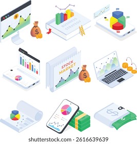 A high-quality 3D isometric vector icon set featuring 9 modern illustrations themed around finance, stock market, business strategy, and financial data analysis.