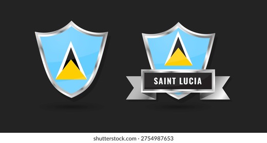 High-quality 3D metallic shield and ribbon featuring the national flag of Saint Lucia. Glossy silver emblem for Lucian branding, Caribbean icons, and patriotic identity design.