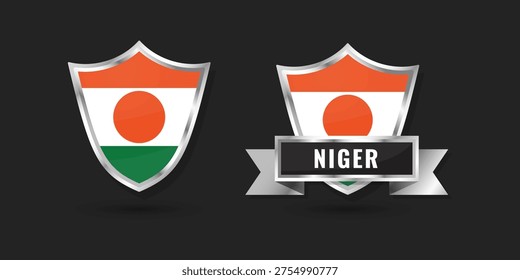 High-quality 3D metallic shield and ribbon featuring the national flag of Niger. Glossy silver emblem for Nigerien branding, international icons, and patriotic identity design.