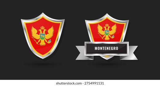 High-quality 3D metallic shield and ribbon featuring the national flag of Montenegro. Glossy silver emblem for Montenegrin branding, Balkan icons, and patriotic identity design.