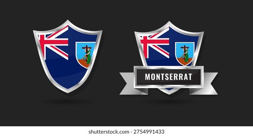 High-quality 3D metallic shield and ribbon featuring the flag of Montserrat. Glossy silver emblem for British territory branding, island icons, and patriotic identity design.