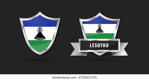 High-quality 3D metallic shield and ribbon featuring the national flag of Lesotho. Glossy silver emblem for Basotho branding, regional icons, and patriotic identity.
