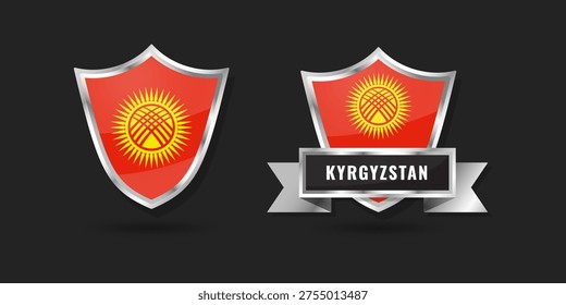 High-quality 3D metallic shield and ribbon featuring the national flag of Kyrgyzstan. Glossy silver emblem for Kyrgyzstani branding, international icons, and patriotic identity.