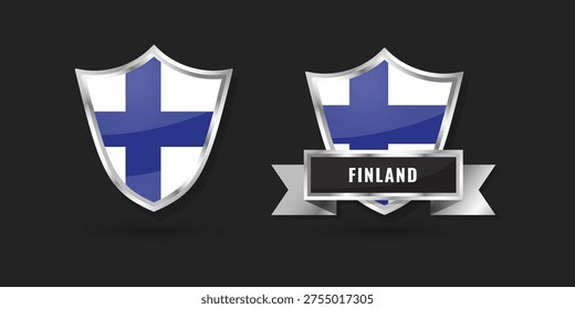 High-quality 3D metallic shield and ribbon featuring the national flag of Finland (Suomi), designed for sports, travel, and patriotic identity icons