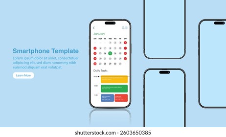 High-Quality 3D Realistic Smartphone Mockup Banner: Front View of Cell Phone with Smart Mobile Calendar App on Screen - Vector Design