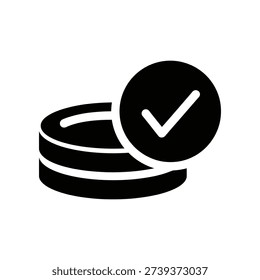 High-quality 3D render of a glowing white checkmark on black and silver stacked coins symbolizing financial success, growth, and profitable investments.
