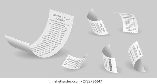 Hochwertige 3D gerenderte Illustration mit einem Satz schwimmender und gewellter Papierbelege, entworfen als realistisches thermisches Banknotenmockup. Das Bild zeigt mehrere weiße Quittungspapiere mit gezackten Kanten