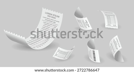 High-quality 3D rendered illustration featuring a set of floating and curled paper receipts, designed as realistic thermal bill mockup. image shows multiple white receipt papers with serrated edges