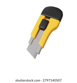 Highquality 3D rendering of utility knife in yellow and black colors. Detailed and realistic. Perfect for design projects or illustrations. White background.