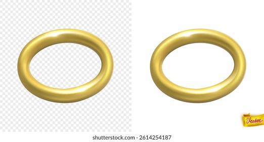 High-quality 3D vector of a glossy golden ring viewed at an angle, shown on transparent and white backgrounds. Perfect for premium branding, luxury design, icons, and elegant decoration