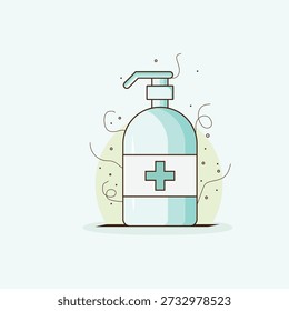 Hochwertige abstrakte Vektorgrafik einer Handdesinfektionsflasche in grünem Schatten. Dieses vielseitige Design eignet sich perfekt für Social-Media-Post-Design, Unternehmenspräsentationen, Social-Media-Banner, Werbung und kreative digitale Projekte. 