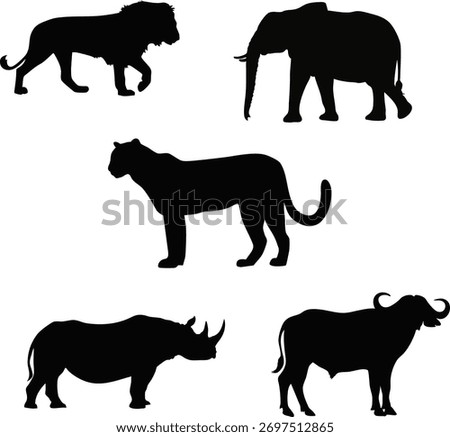 High-quality African Big Five animal silhouette vector set featuring lion, elephant, rhino, leopard, and buffalo. Perfect for wildlife designs, safari themes, logos, and educational projects.