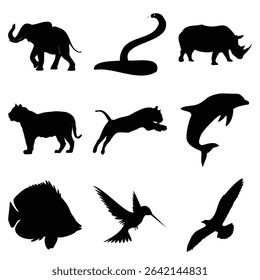 High-quality animal silhouette vector set featuring 9 different wild and marine animals including elephant, snake, rhinoceros, tiger, panther, dolphin, fish, hummingbird, and seagull. Perfect for use