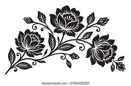 A high-quality, artistic black and white illustration featuring a decorative floral ornament. The design showcases three large, detailed blooming flowers connected by elegant, swirling stems and lush leaves. This classic botanical motif is perfect for use in wedding stationery, greeting cards, scrapbooking, branding, and various creative design projects. The clean, high-contrast graphic style makes it ideal for cutting machines, print on demand, and artistic pattern creation.