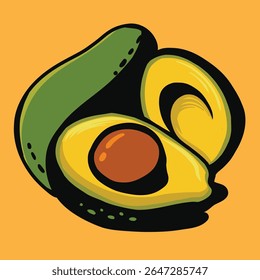 Ilustração de vetor de abacate de alta qualidade com um abacate inteiro e um dividido com uma semente visível. Design limpo, moderno e vibrante, perfeito para conceitos alimentares saudáveis, produtos veganos, orgânico b