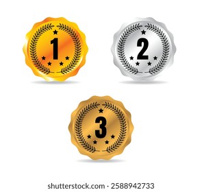 High-quality award badge vector featuring gold, silver, and bronze medals. Perfect for competition, ranking, and achievement designs.