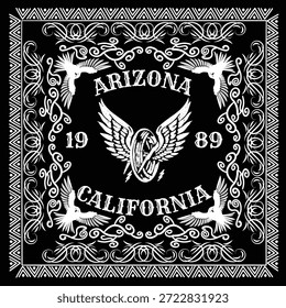 Hochwertiges Bandana-Muster mit detaillierten Paisley-Ornamenten. Geeignet für Modedesign, Stoffdruck, Streetwear, Kopfbedeckung, Schal und Accessoires-Hintergründe. Perfekt für Branding, Bekleidung, Hip-Hop-Stil und Vintage-inspirierte Designs
