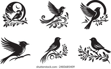 High-Quality Bird Silhouette Vector Art with White Background