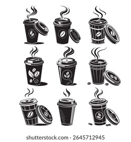 A high-quality black coffee cup vector bundle featuring 200 unique illustrations. Includes simple line art, silhouette icons, steaming cups, takeaway mugs, and cafe-inspired designs — perfect for logo