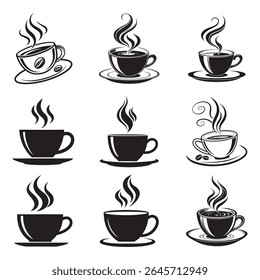 A high-quality black coffee cup vector bundle featuring 200 unique illustrations. Includes simple line art, silhouette icons, steaming cups, takeaway mugs, and cafe-inspired designs — perfect for logo