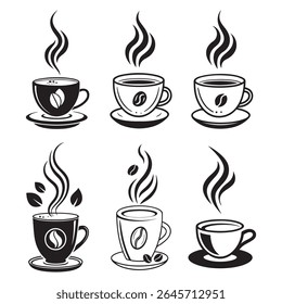 A high-quality black coffee cup vector bundle featuring 200 unique illustrations. Includes simple line art, silhouette icons, steaming cups, takeaway mugs, and cafe-inspired designs — perfect for logo