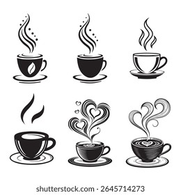 A high-quality black coffee cup vector bundle featuring 200 unique illustrations. Includes simple line art, silhouette icons, steaming cups, takeaway mugs, and cafe-inspired designs — perfect for logo
