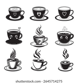 A high-quality black coffee cup vector bundle featuring 200 unique illustrations. Includes simple line art, silhouette icons, steaming cups, takeaway mugs, and cafe-inspired designs — perfect for logo
