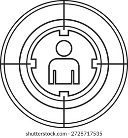 Icono de Vector de línea negra de alta calidad que representa la audiencia objetivo, la segmentación del Cliente o el seguimiento del usuario. El diseño presenta a una persona estilizada dentro de un blanco circular en forma de cruz. Ideal para infografías de estrategia de marketing, aplicaciones de seguridad, interfaces publicitarias personalizadas y conceptos de análisis demográfico. Elemento gráfico minimalista y fácilmente escalable.