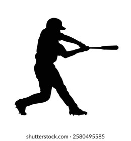 A high-quality black silhouette of a baseball player in action, swinging a bat. Perfect for sports-related designs, logos, posters, and digital artwork. This vector illustration is ideal for baseball-