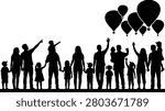 A high-quality black silhouette illustration of a large crowd of families, adults, and children looking at and waving at hot air balloons flying in the sky as shown in image_bb416a.png. This versatile graphic is perfect for festival advertising, outdoor event promotion, travel agency banners, and Cricut vinyl cutting crafts.