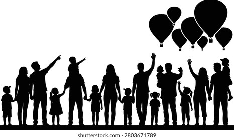 A high-quality black silhouette illustration of a large crowd of families, adults, and children looking at and waving at hot air balloons flying in the sky as shown in image_bb416a.png. This versatile graphic is perfect for festival advertising, outdoor event promotion, travel agency banners, and Cricut vinyl cutting crafts.