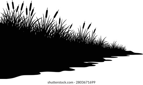 A high-quality black silhouette illustration showcasing wild cattail reeds and lake grass growing along a marshy river bank as shown in image_bb239d.png. This versatile nature graphic is perfect for outdoor landscaping designs, wildlife conservation banners, rustic home decor prints, and Cricut vinyl projects.