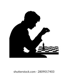 High-quality black silhouette profile of a man concentrated on playing a chess match, isolated on a clean white background. The image depicts a thoughtful player holding a chess piece over the chessboard, symbolizing strategy, intellect, decision-making, and competition. Perfect for business concept graphics, educational materials, tournament posters, and logic-related designs.