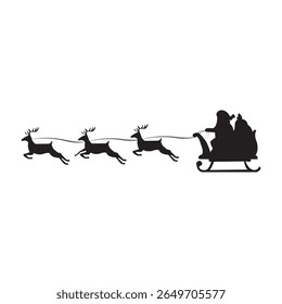 A high-quality black silhouette of Santa Claus riding his sleigh pulled by reindeers, perfect for Christmas-themed designs. This festive vector illustration is ideal for greeting cards, holiday poster
