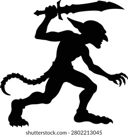 A high-quality black silhouette vector featuring an aggressive fantasy goblin holding a sword aloft, isolated on a white background. This versatile graphic asset from image_407a3c.png is perfectly optimized for gaming merchandise, Halloween decorations, and Cricut vinyl projects.
