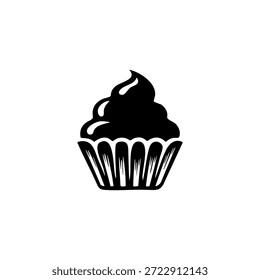 Um vetor de silhueta preta de alta qualidade ilustração de um saboroso cupcake ou muffin com um espiral grosso de creme ou geada. Este ícone de sobremesa limpo e profissional é perfeito para marca de padaria, cardápios de pastelaria, convites para festas de aniversário, logotipos de loja de doces e projetos gráficos com tema culinário. Isolado em um fundo branco para uso versátil.