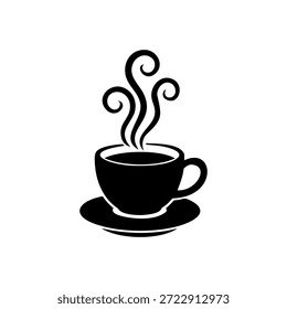 High-quality black silhouette vector illustration of a steaming hot coffee or tea cup placed on a saucer. Featuring elegant curly steam swirls, this minimalist and modern icon is perfect for cafe branding, restaurant menus, coffee shop logos, breakfast themes, and beverage-related graphic design projects. Isolated on a white background for easy integration.