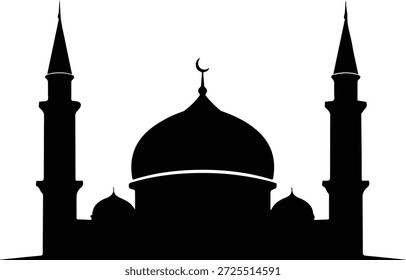 Ilustración vectorial de silueta negra de alta calidad de una mezquita (mezquita), con una cúpula central coronada con una luna creciente y dos minaretes altos. Recurso gráfico ideal para fiestas islámicas como Ramadán y Eid, eventos religiosos o símbolos arquitectónicos. Aislado en un fondo blanco limpio.