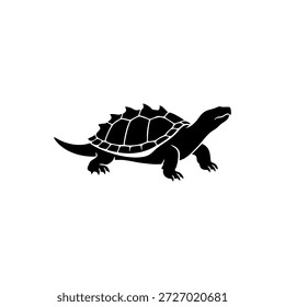 Una Ilustración vectorial de silueta negra de alta calidad de una tortuga que chasquea el caimán. Este gráfico detallado presenta la icónica concha de púas y el aspecto prehistórico del Grande reptil de agua dulce, perfecto para proyectos de conservación de la vida silvestre, materiales educativos, logotipos o diseños con temas de naturaleza.