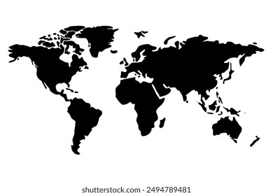 High-quality black silhouette world map icon vector illustration perfect for global-themed designs. Ideal for travel, geography, and education projects. Versatile, clear, and detailed