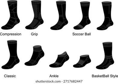 Hochwertige schwarze Vektorkonturmockups von Sportsocken in verschiedenen athletischen Stilen, darunter Klassik-, Kompressions-, Grip-, Fußball-, Knöchel-, No-Show- und Basketballsocken. Jedes Design enthält linke und rechte Socken. Perfekt für Bekleidungsdesign, Branding, Druck und Produktmodelle.