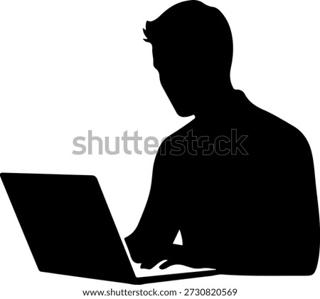 High-quality black vector silhouette of a focused professional man working intensely on a laptop computer. Ideal for illustrating remote work, business productivity, coding, and technology concepts. Isolated on a clean white background for easy graphic integration.