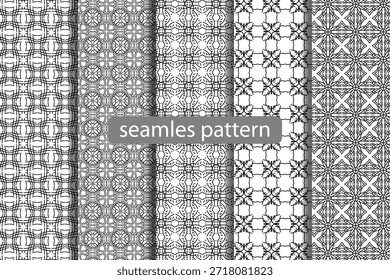 High-quality black and white geometric seamless pattern collection with ornamental and abstract elements. Perfect for textile design, fabric printing, wallpaper, packaging, background, wrapping paper, surface design, branding, and digital projects. Clean monochrome style with repeating motifs, fully scalable vector, and seamless tiling.