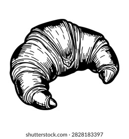 High-quality black and white illustration of a croissant, suitable for bakery menus, food packaging, or culinary design projects.