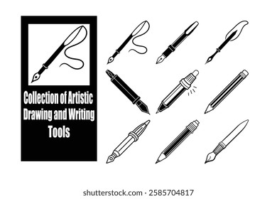 A high-quality black and white illustration featuring various artistic drawing and writing tools, including fountain pens, mechanical pencils, ink brushes, and markers. Ideal for design projects.