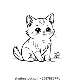 A high-quality black and white line art vector illustration of a cute kitten. This adorable artwork is perfect for coloring pages, t-shirts, tattoos, stickers, logos, and various creative projects.