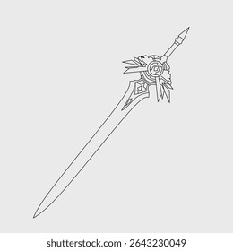 A high-quality black and white line art illustration of a fantasy sword with intricate ornamental designs on the hilt and blade. Ideal for game concept art, tattoo inspiration, coloring pages, fantasy