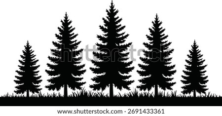 High-quality black and white pine tree forest silhouette vector illustration. Perfect for logo design, t-shirt prints, stickers, nature landscapes, outdoor themes, and laser cutting projects. Features