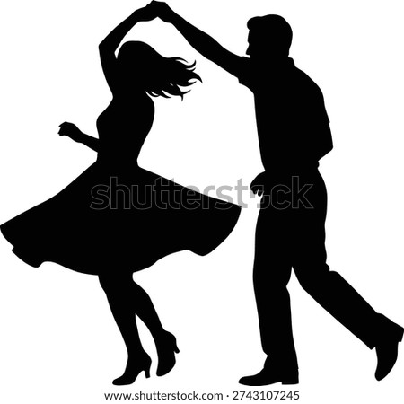 A high-quality black and white silhouette of a man and woman performing a dynamic swing dance move. This vector-style illustration captures a spinning turn, perfect for themes of celebration, retro 1950s culture, ballroom dancing, and joyful movement.